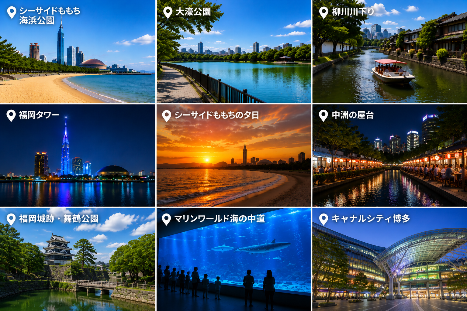福岡デートスポット一覧｜福岡タワー・大濠公園・シーサイドももち海浜公園・柳川川下り・中洲屋台・福岡城跡・マリンワールド海の中道・キャナルシティ博多