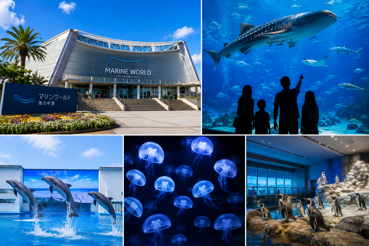 マリンワールド海の中道の外観や大水槽、イルカショー、クラゲ展示、ペンギンエリアを紹介した福岡市の人気デートスポット
