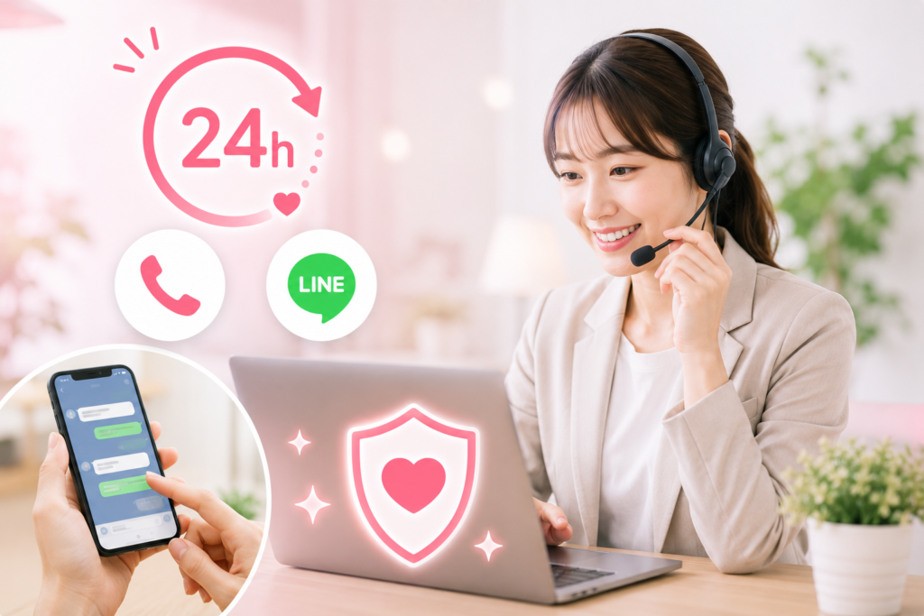 24時間365日サポートセンターが電話・LINEでキャストをサポートするイメージ