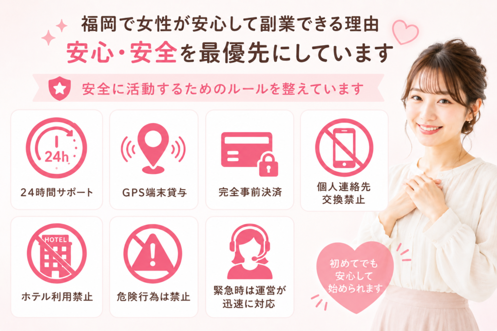 ココカノ福岡では24時間サポート、GPS端末貸与、完全事前決済、個人連絡先交換禁止など、安全を最優先にした環境づくりを行っています。