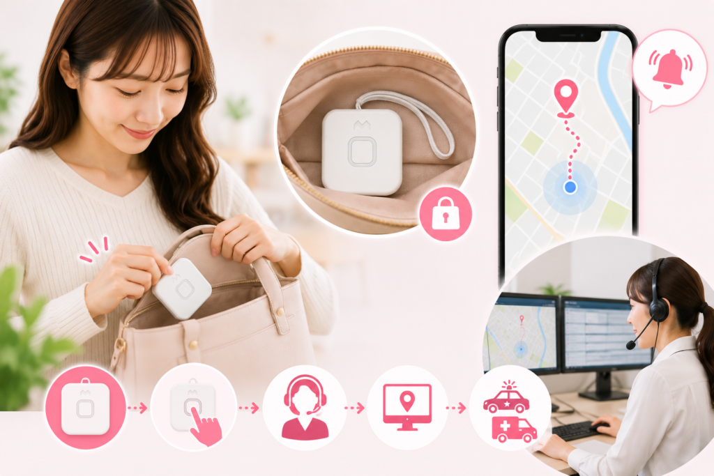 GPS端末をバッグに入れて活動し緊急時に運営が位置情報を確認できるイメージ