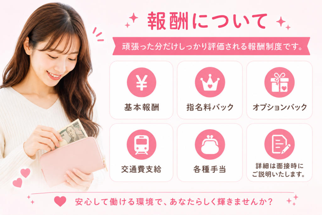 基本報酬、指名料バック、オプションバック、交通費支給、各種手当など、頑張った分だけ評価される報酬制度を採用しています。
