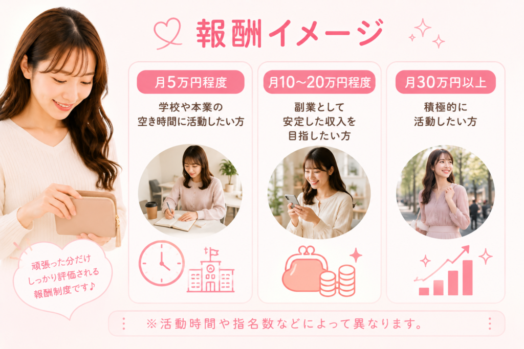 月5万円程度の副業から月30万円以上を目指す働き方まで、自分のライフスタイルに合わせて活動できます。活動時間や指名数によって報酬は異なります。