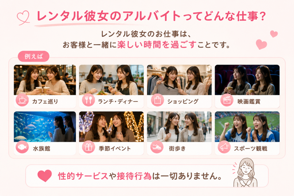 レンタル彼女のお仕事は、お客様とカフェ巡りやランチ、ショッピング、映画鑑賞などを楽しみながら時間を共有するサービスです。性的サービスや接待行為は一切ありません。