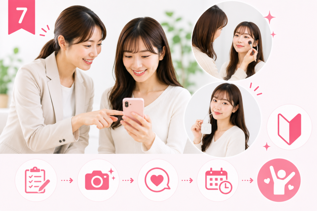 未経験の女性がスタッフのサポートを受けてデビュー準備をするイメージ