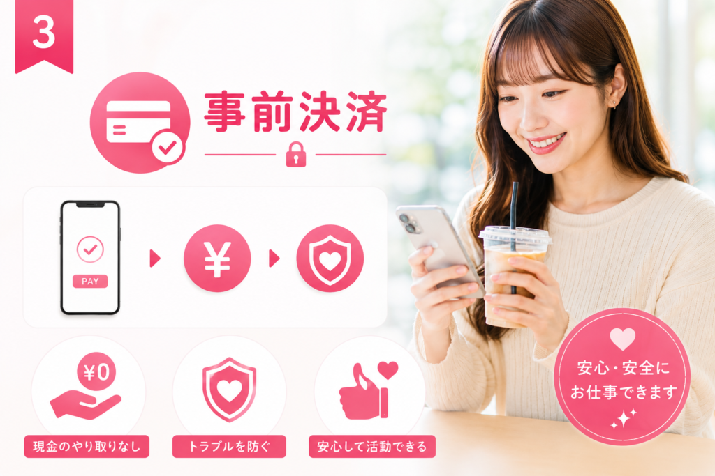 完全事前決済で安心してレンタル彼女の仕事ができるイメージ